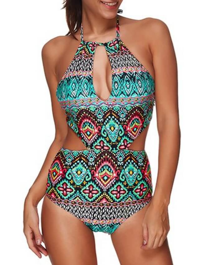 Open Back Halter Neck Printed Keyhole Monokini